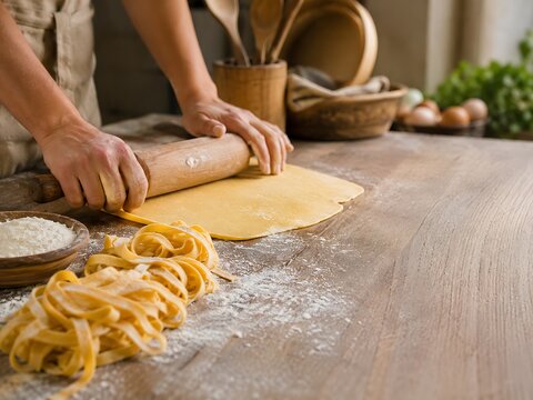 Chef rolling fresh pasta dough on wooden table, preparing homemade noodles in kitchen.