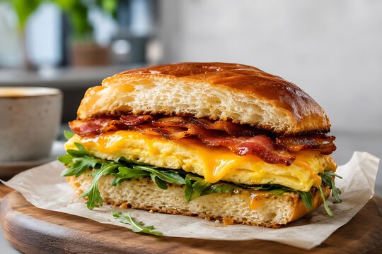 Breakfast sandwich with crispy bacon, scrambled eggs, and cheese on a brioche bun.