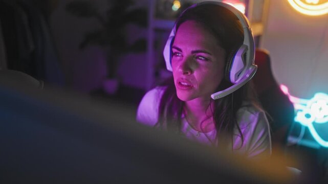 Woman wearing white headset squints at monitor in studio, leaning forward in neon lit gaming chair beside rgb lights and visible computer setup; focus.