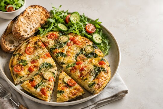 Vegetable frittata with fresh salad and toasted bread on a plate