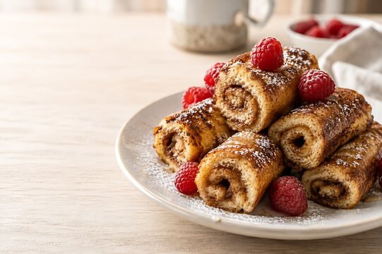 French toast rolls with fresh raspberries and powdered sugar on a plate