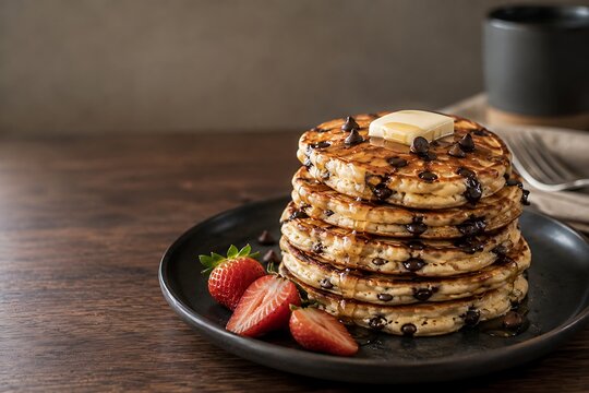Stack of chocolate chip pancakes with butter and fresh strawberries on a dark plate
