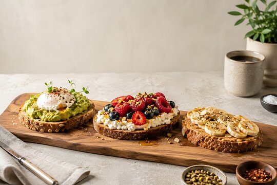 Assorted gourmet toasts with avocado, berries, and banana on a wooden serving board