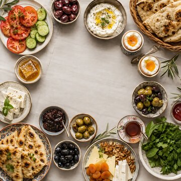 Mediterranean breakfast spread with pita bread, olives, cheese, and fresh vegetables