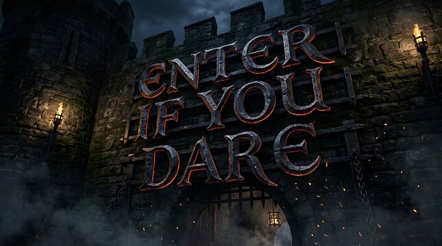 Spooky dark entrance with glowing sign reading enter if you dare in a creepy foggy forest