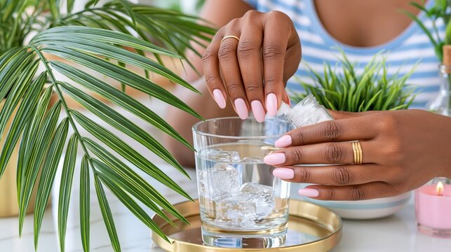 Person adding ice cubes to a refreshing glass of water.