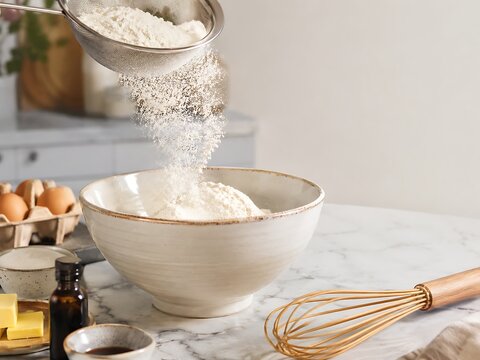 Sifting white flour into a ceramic bowl for baking preparation in a bright kitchen.