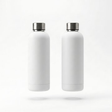Two blank white water bottles mockup on white background