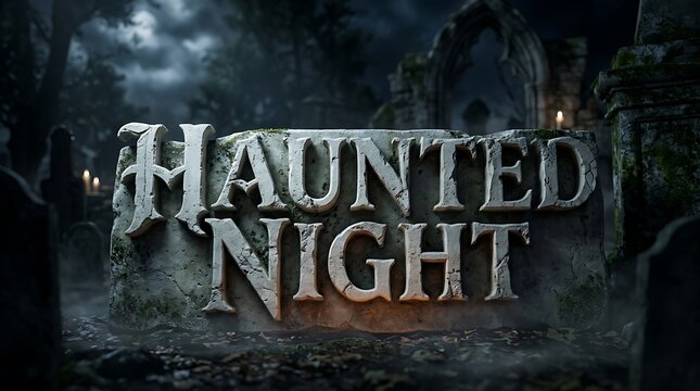 Spooky haunted night text design with a dark and mysterious graveyard background for halloween holiday themes