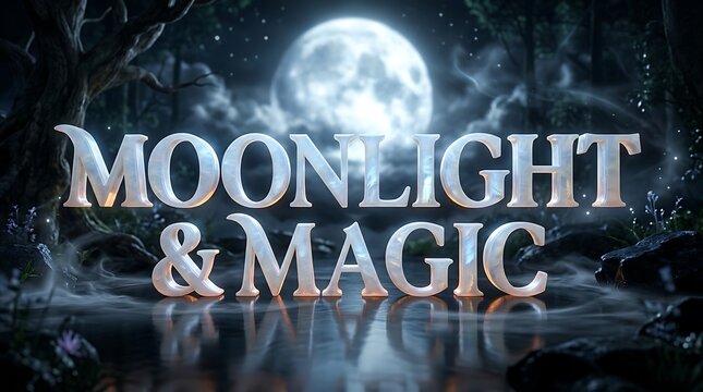 A mystical scene featuring the words moonlight and magic glowing brightly under a large full moon