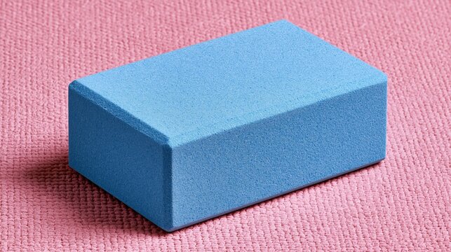 A rectangular blue foam prop rests on a textured pink surface.
