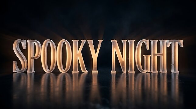 Spooky night text written in glowing golden 3d letters isolated on a dark black background