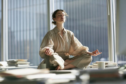 Woman meditating in lotus pose on top of an office desk surrounded by stacks of paper