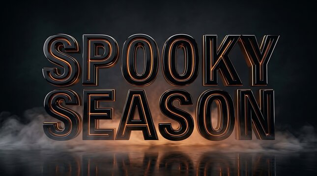 Spooky season text written in metallic 3d letters with glowing fire effects on a dark background
