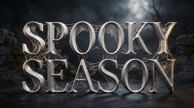 Spooky season metallic text design with dark moody background for halloween holiday celebration and horror themes