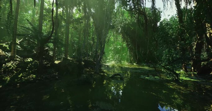 Sunlit forest marsh with soft beams cutting through canopy, shallow reflective pools, mossy banks and ferned understory create peaceful green scene, great