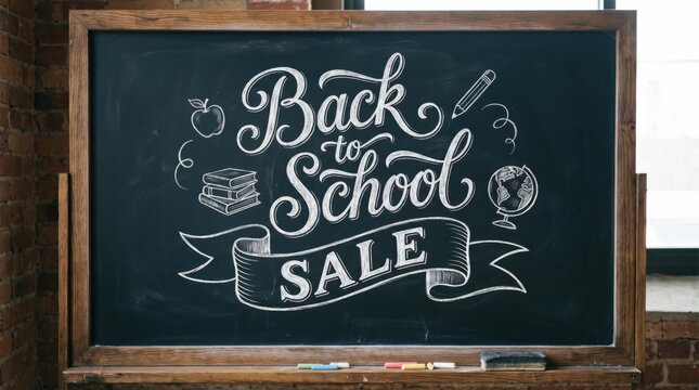 Chalkboard announcement for a Back to School Sale with festive illustrations
