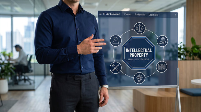 Intellectual Property Business Concept with Digital Innovation, Patent Protection, Trademark, Copyright, Legal Rights, Technology, Brand Security and Corporate Asset Management
