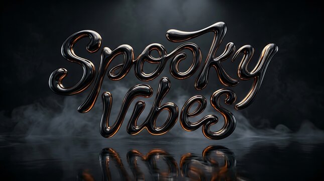 Spooky vibes text written in a dark liquid metal style with a dramatic moody black background