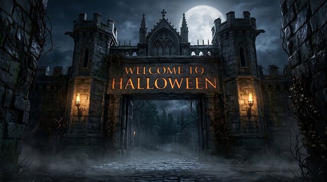 Spooky halloween entrance gate with glowing lanterns and a full moon in a dark foggy forest