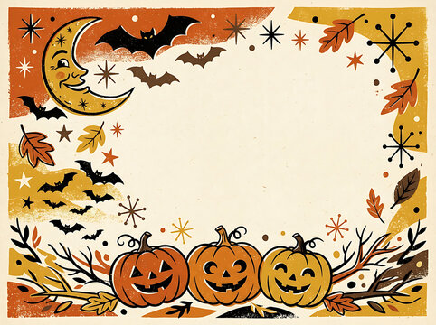 Vintage halloween illustration with crescent moon bats pumpkins and autumn leaves on aged paper