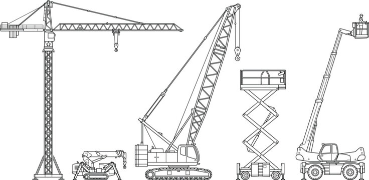 Construction Crane and Lifting Equipment Technical Drawing Collection Featuring Tower Crane, Crawler Crane, and Aerial Platforms