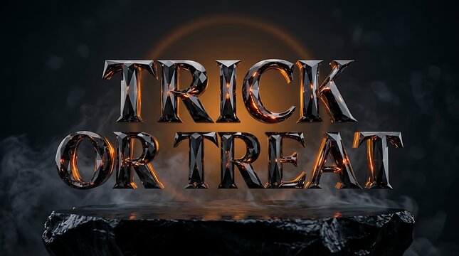 Spooky trick or treat text design with metallic texture and dark atmospheric background for halloween celebration