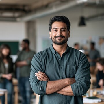 Confident indian businessman smiling with arms crossed in contemporary office setting
