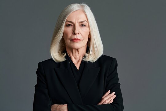 Confident senior businesswoman with white hair wearing a black jacket against a grey background
