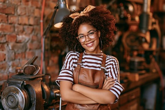 Confident young artisan woman wearing leather apron and glasses smiling in a metal workshop
