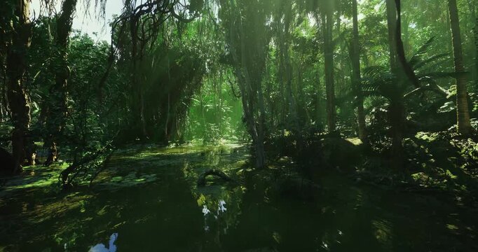 sunlit mangrove lagoon with shimmering water and aerial roots, dappled light creating tranquil reflections over lily pads and dense tropical vegetation ideal