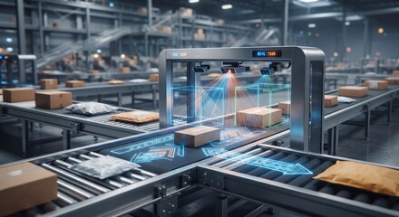 Fototapeta premium AI Scanner Reading Parcels on High Speed Conveyor