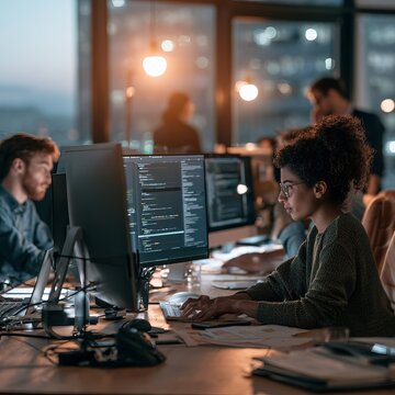 Dedicated software engineer woman programming at computer monitor during late shift in office
