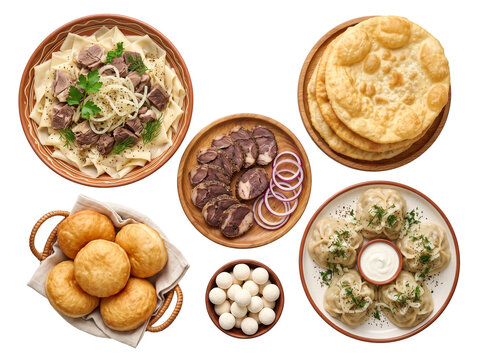 Kazakh dastarkhan traditional food assortment isolated on transparent background