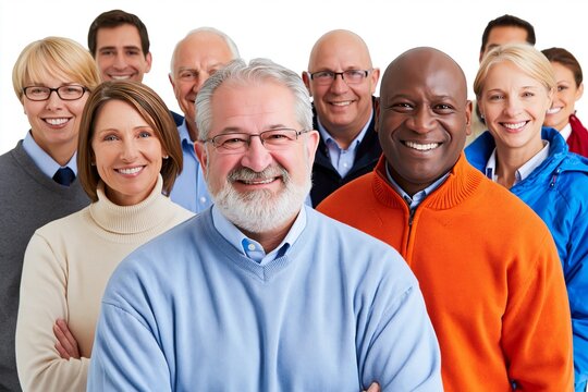 Diverse group of smiling older adults and seniors standing together in bright studio