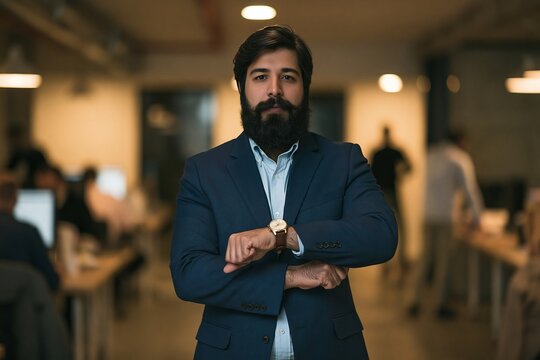 Handsome bearded businessman standing with arms crossed and watch in a modern open plan office