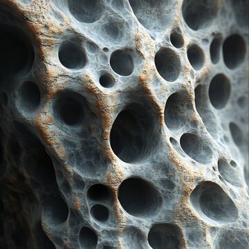 Close-up view of organic porous stone texture with deep mineral voids and golden earthy veins