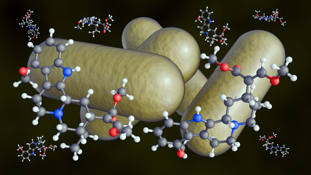 A 3d mitragynine molecular model and powdered herbal pill. A representation of botanical chemistry, natural product pharmacology, and supplement formulation.