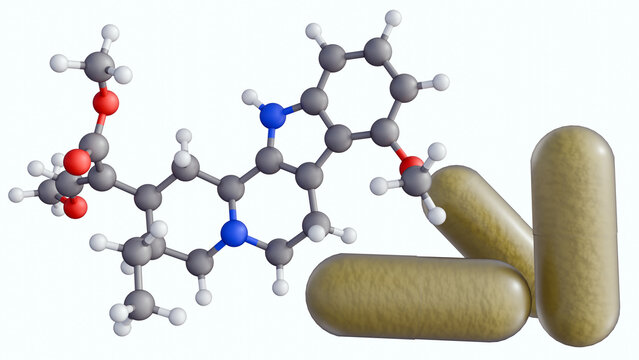 A 3d mitragynine molecular model and powdered herbal pill. A representation of botanical chemistry, natural product pharmacology, and supplement formulation.