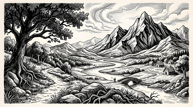 Classic vintage engraving illustration of a peaceful mountain valley with a winding river, trees, rocky terrain, and distant peaks.