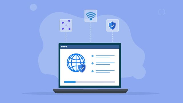Modern flat vector animation showing a laptop with a global network interface and floating connectivity security icons, representing cybersecurity, network protection, online access, and d