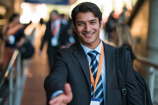 Smiling businessman wearing suit and striped tie holding out hand for handshake in hallway