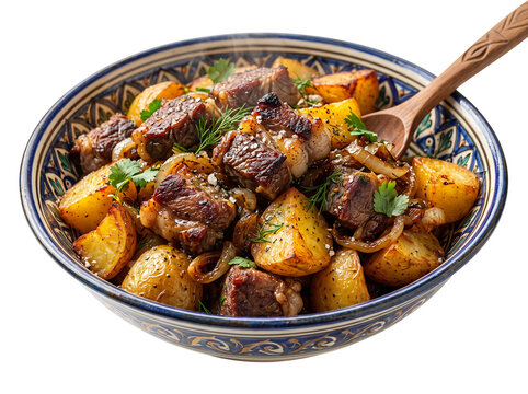 Kazakh kuyrdak traditional fried meat and potato dish isolated on transparent background