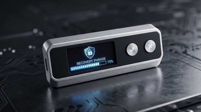 Hardware cryptocurrency wallet processing recovery phrase on tech circuit