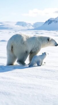 A mother pollar bear walking on ice and romance with babies