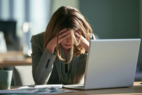Stressed businesswoman holding her head in hands while sitting at desk with laptop in office