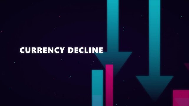 Financial market crash with downward arrows representing currency decline and economic loss.