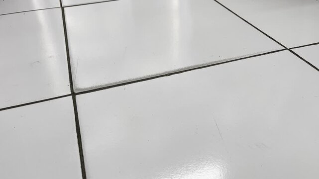 Dynamic perspective of clean ceramic tiled floor with dark grout lines