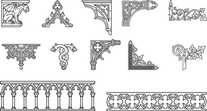 Set of vintage outline page decorations featuring stone arches, pillars and Celtic knotwork.