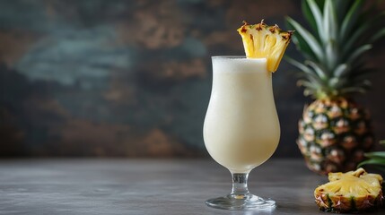 Naklejka premium Delicious Pina Colada served with fresh pineapple, perfect for a tropical escape.